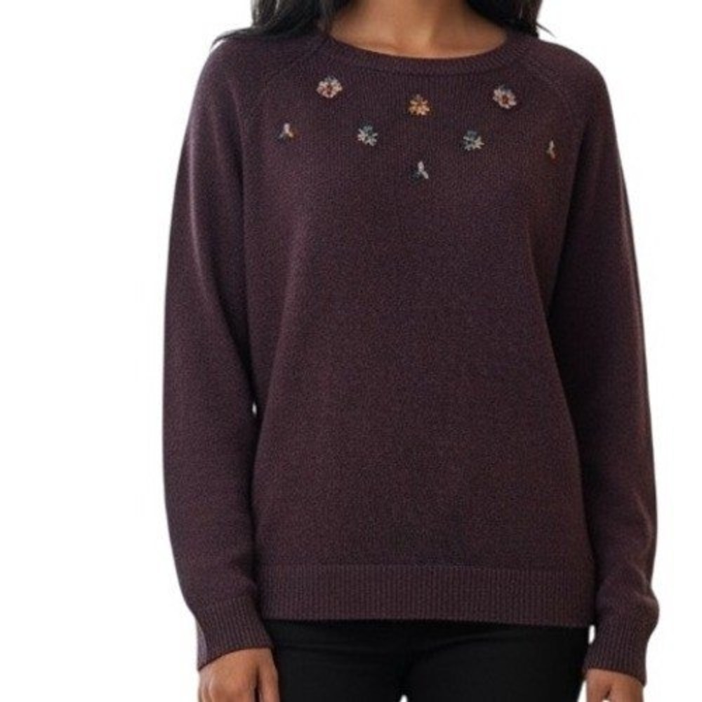 ANN TAYLOR LOFT Dark Plum‎ Rhinestone Embellished Crew Neck Sweater EUC S